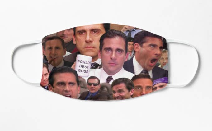 A non-medical mask with various funny pictures of Michael Scott from The Office