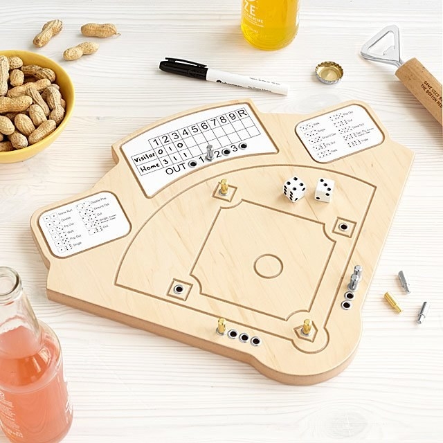 Wooden baseball game that looks like a diamond with score board, dice, and pegs