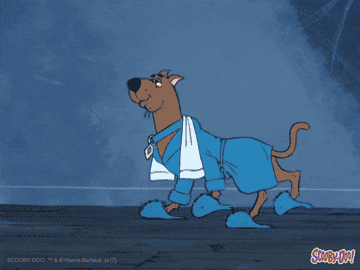 gif of Scooby Doo walking in blue robe and white slippers 