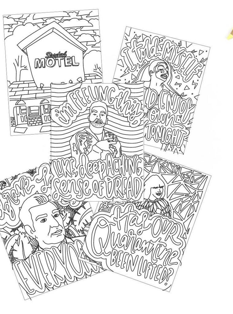 Five Schitt&#x27;s Creek-themed prints with text 