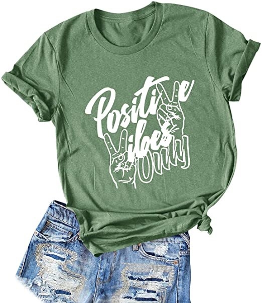 green shirt with finger peace sign print and &quot;Positive Vibes Only&quot; in text