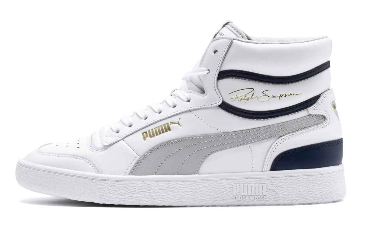 Ralph Sampson Mid Sneakers in white, gray, and navy 