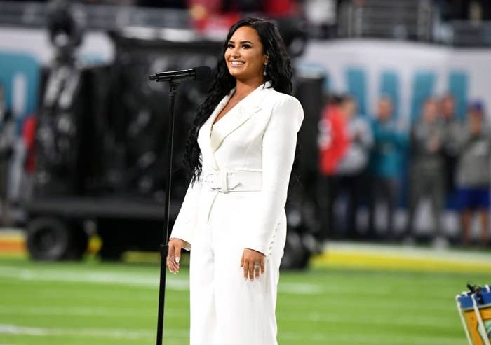 Demi Lovato performs at the national anthem at the Super Bowl