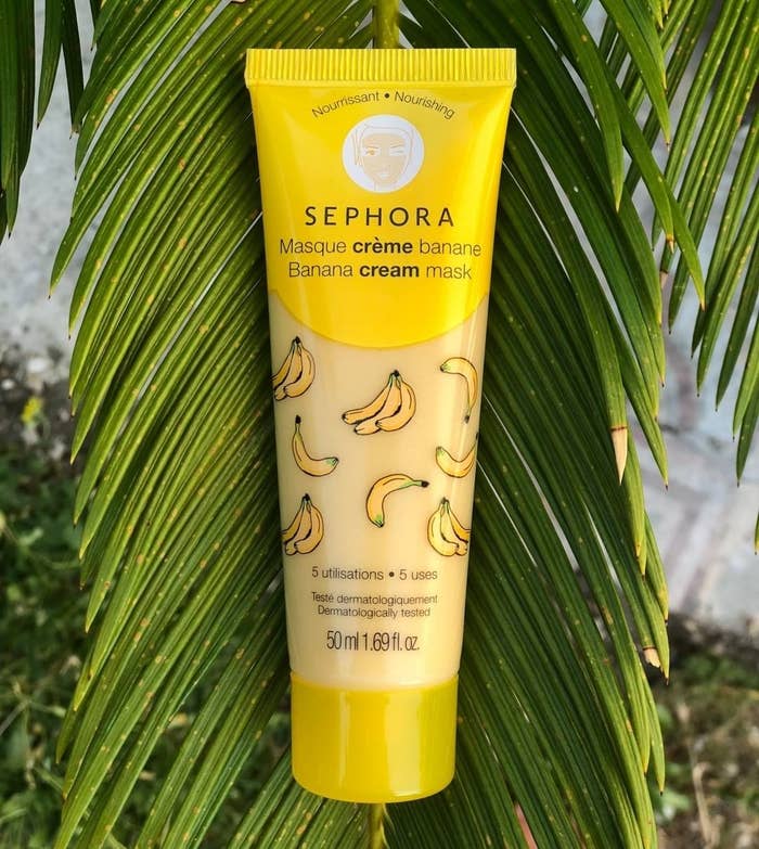 yellow bottle with illustrated bananas labeled &quot;Sephora banana cream mask&quot; 