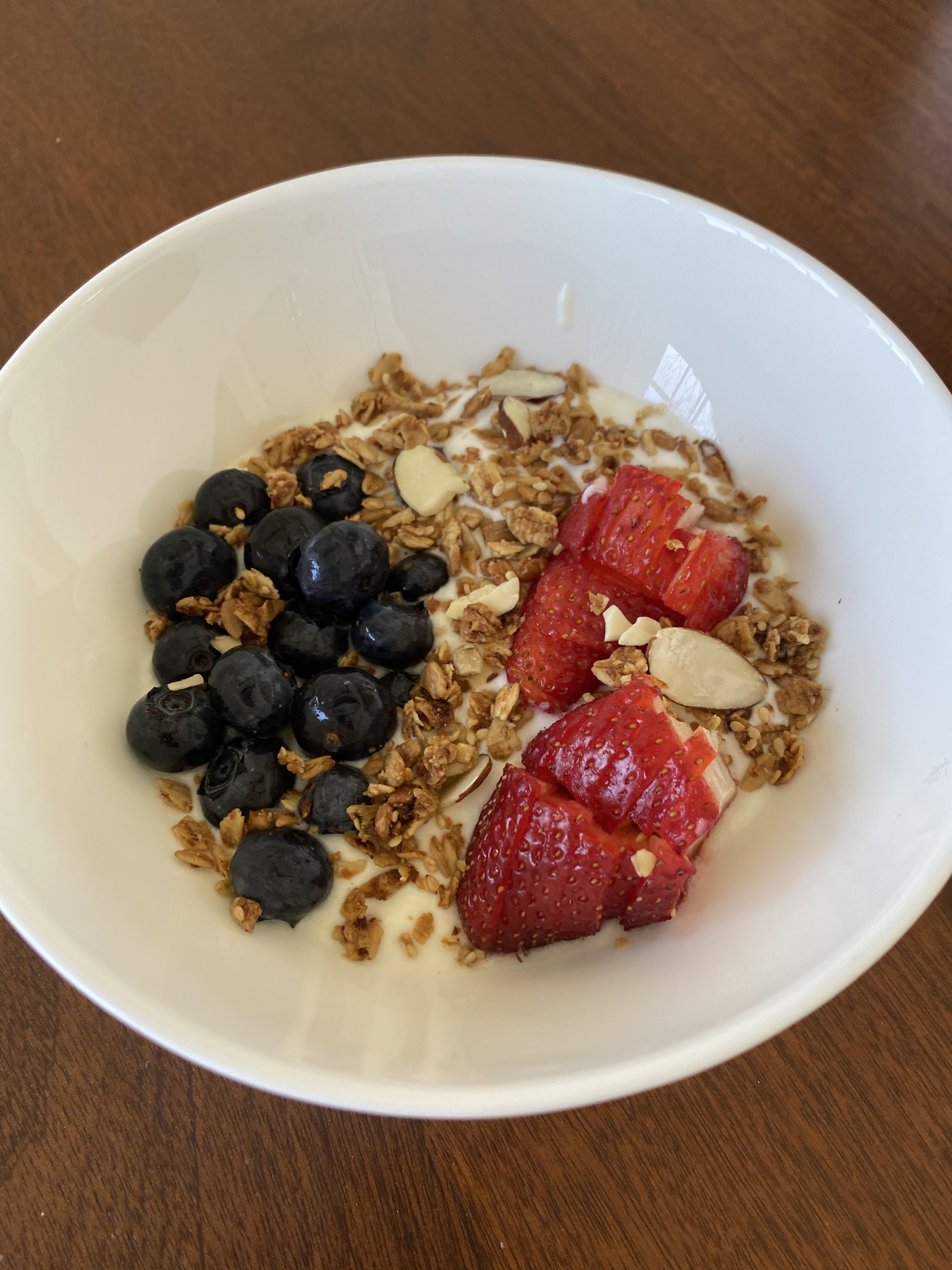 A bowl of homemade yogurt topped with granola and berries.