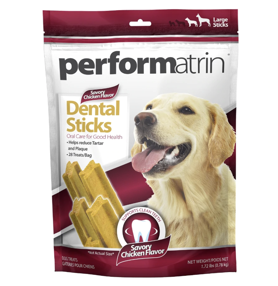 a bag of long dental sticks with a happy dog on the packaging