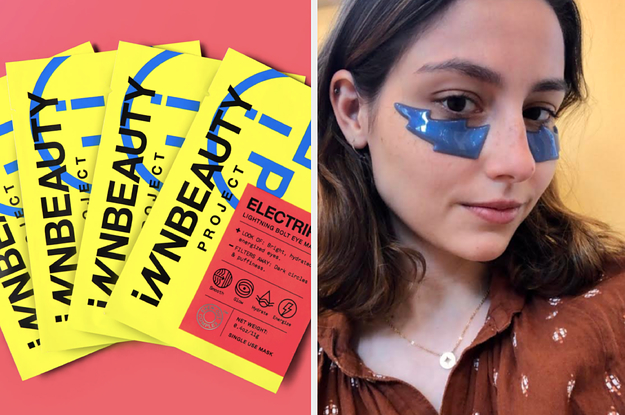 On the left, four packs of INN Beauty Project's Electrifying Lightning Bolt Eye Masks. On the right, BuzzFeed Editor Genevieve Scarano wears the same eye masks on her face