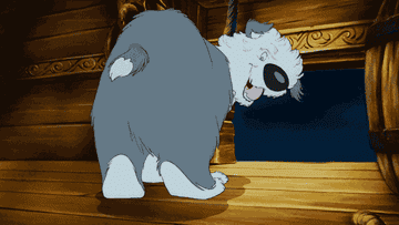 the animated sheep dog max from The Little Mermaid excitedly running in a circle