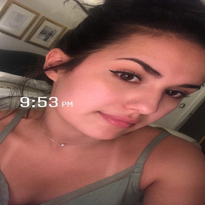 Kayla with eyeliner still in tact labeled "9:53 PM" 