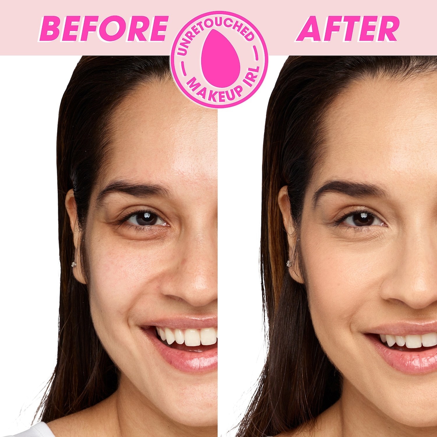 on the left, model with dark under eyes labeled "before" and on the right, same model with brighter under eyes labeled "after"