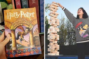 on the left harry potter and the sorcerer's stone, on the right a giant jenga tower