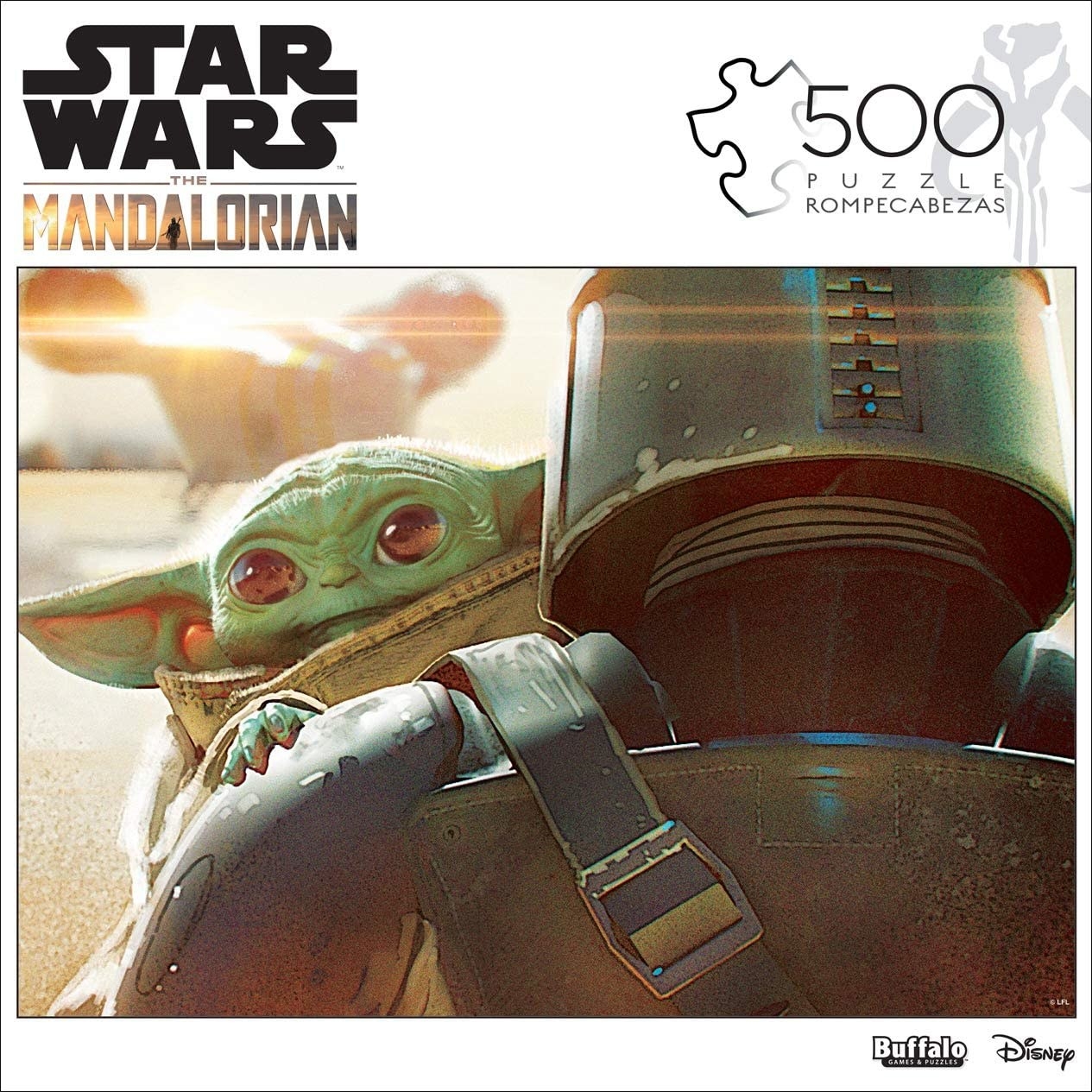 A puzzle box showing the image of The Child peeking out from behind the Mandalorian&#x27;s shoulder 