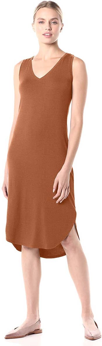 model wearing the dress in brown