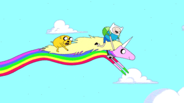 Adventure Time gif of Lady Rainicorn flying Finn and Jake through the clouds