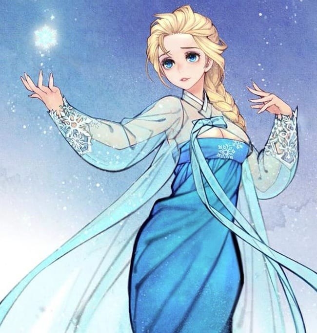 Disney&#x27;s Elsa from Frozen wearing a light blue hanbok with snowflake detail.