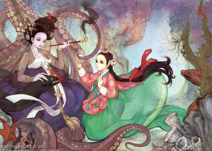 The seawitch and mermaid from &quot;The Little Mermaid&quot; wearing Korean hanboks