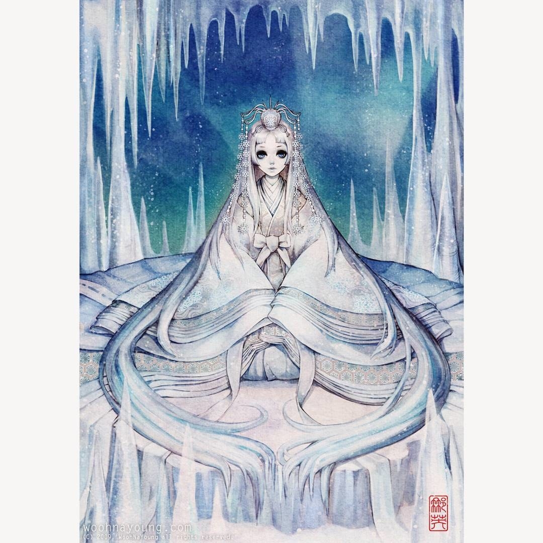 &quot;The Snow Queen&quot; wearing a white hanbok sitting in an ice cave.