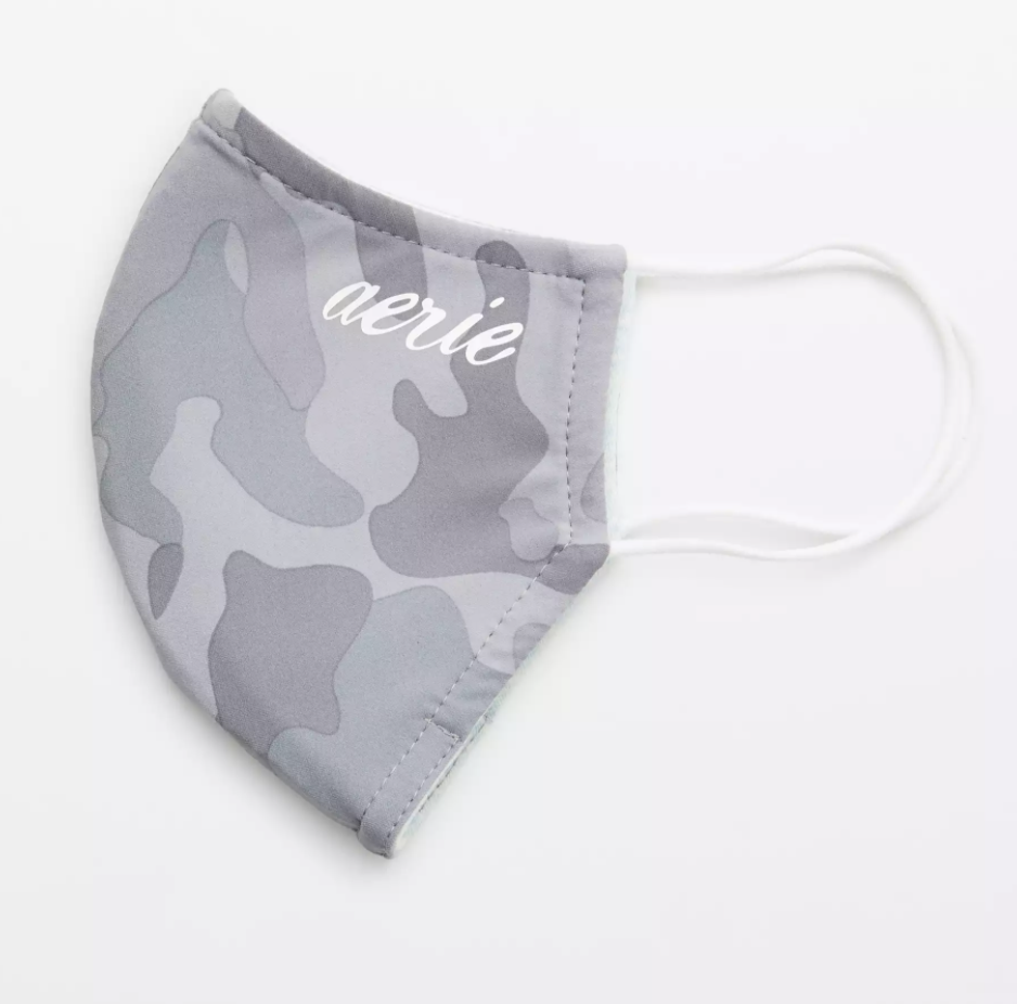 Gray Camo-printed face mask with the words &quot;aerie&quot; on the top right corner
