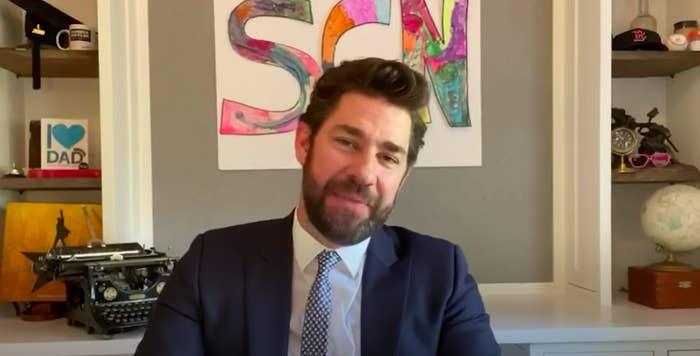 John Krasinski hosting his show, Some Good News