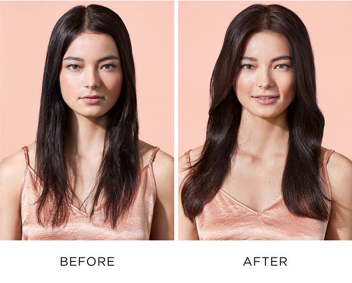 Before photo of model with dry flat hair next to an after photo of model with shiny, voluminous hair