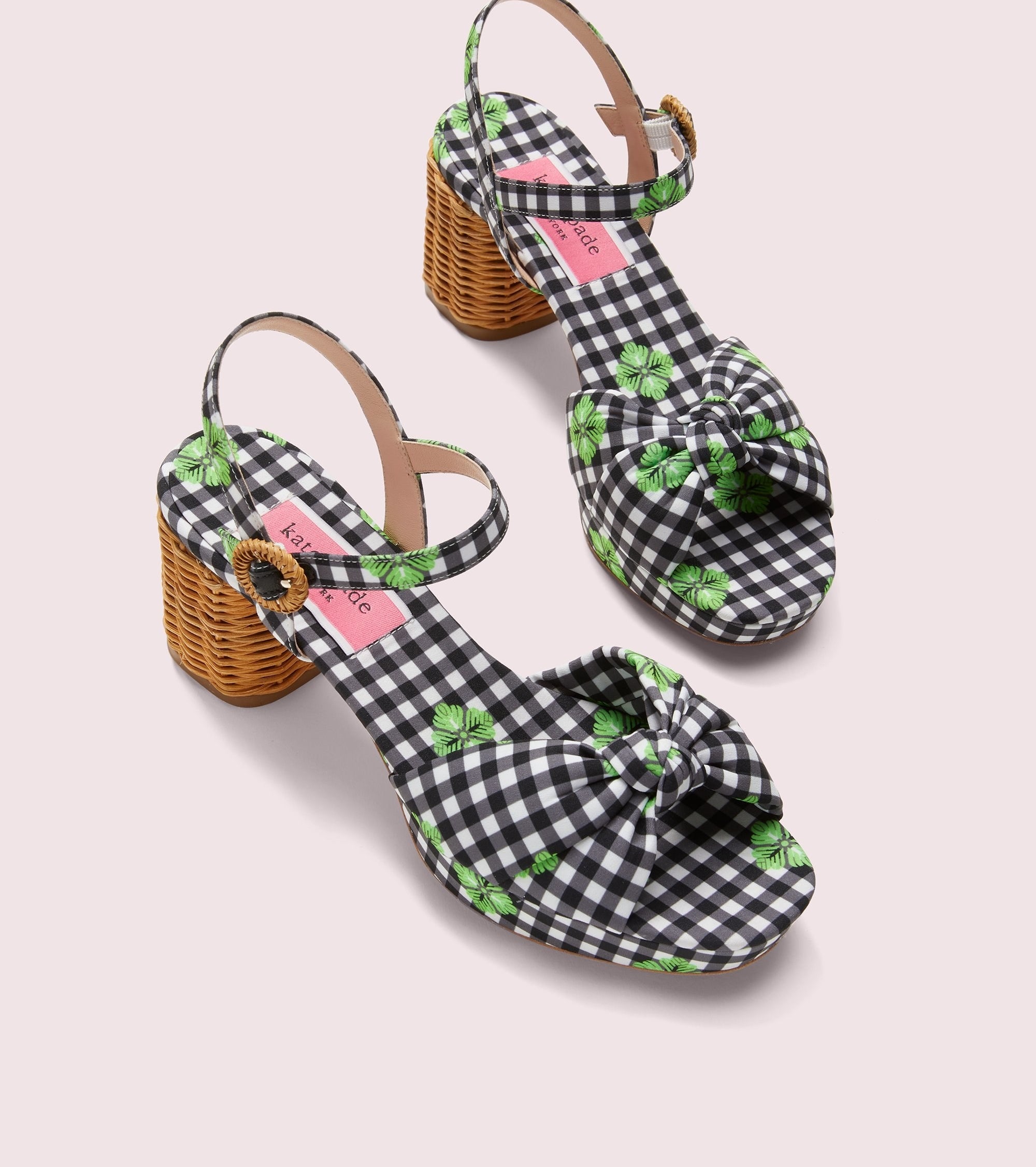 The black and white gingham sandals featuring a knot-front and wicker heels
