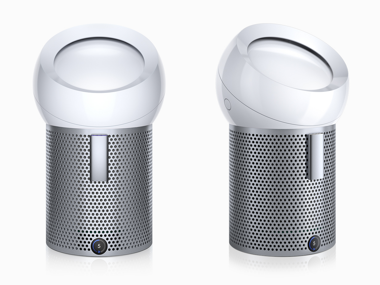 The Dyson Pure Cool Me personal purifying fan in white and silver, featuring a cylindrical body and a unique dome top