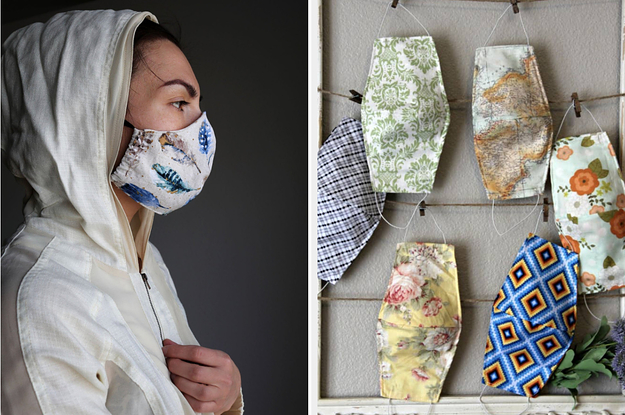 On the left, a model wears a feather-printed face mask. On the right, an assortment of map-printed and floral-printed face masks on a frame