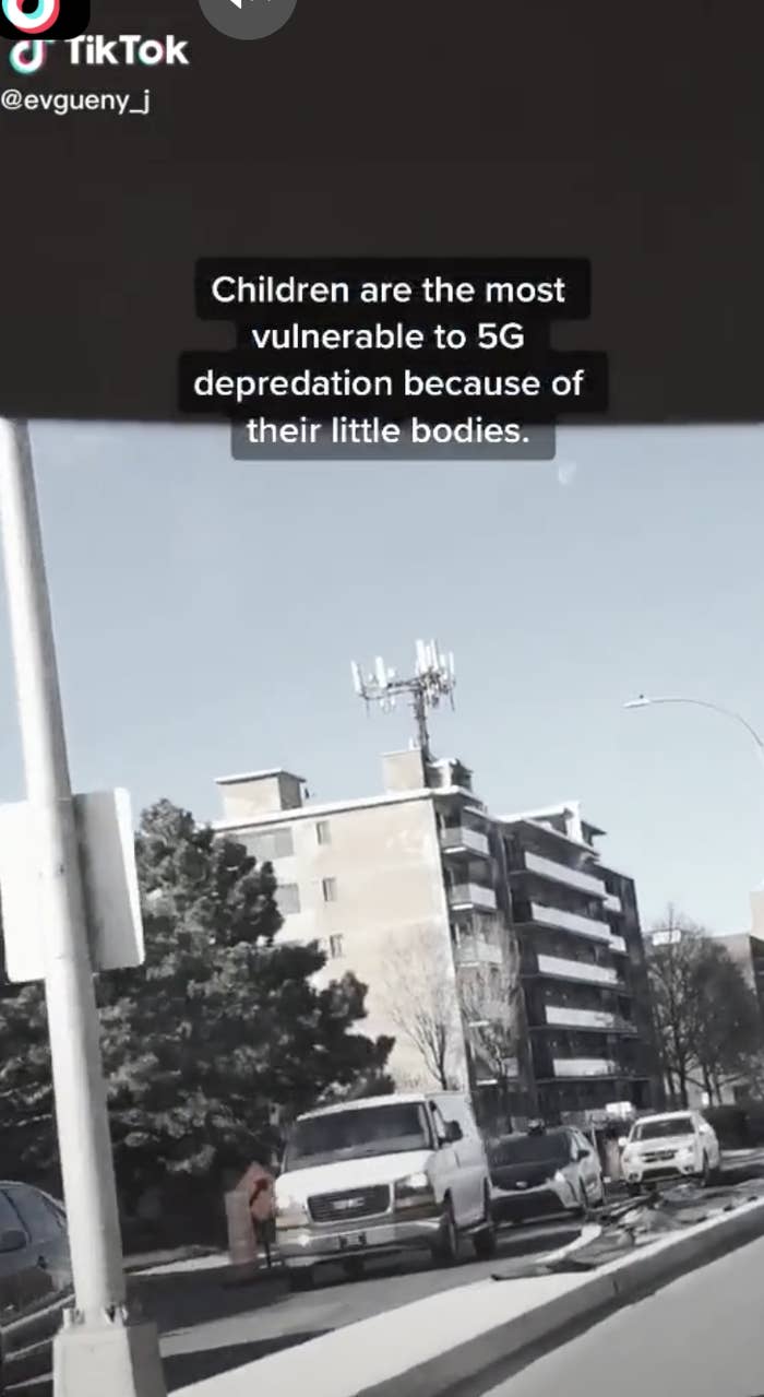 A screenshot of a TikTok sharing 5G network falsehoods.