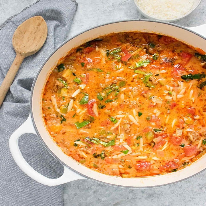 A big pot of homemade Italian sausage orzo soup.