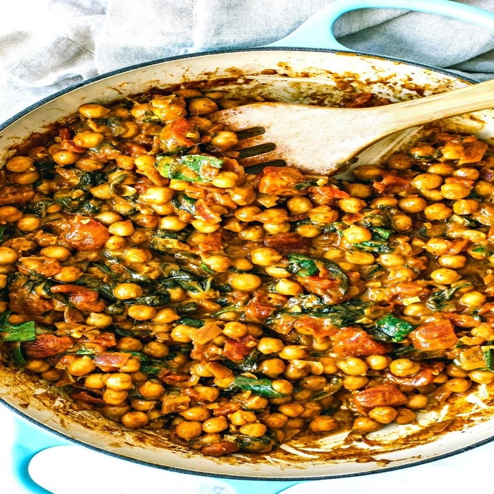 A big bowl of coconut chickpea curry.