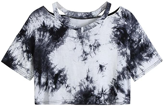 the shirt with white and black tie-dye design and cut outs at neckline