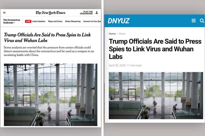 Side by side comparison of the original New York Times story and a version copied by dnyuz.com