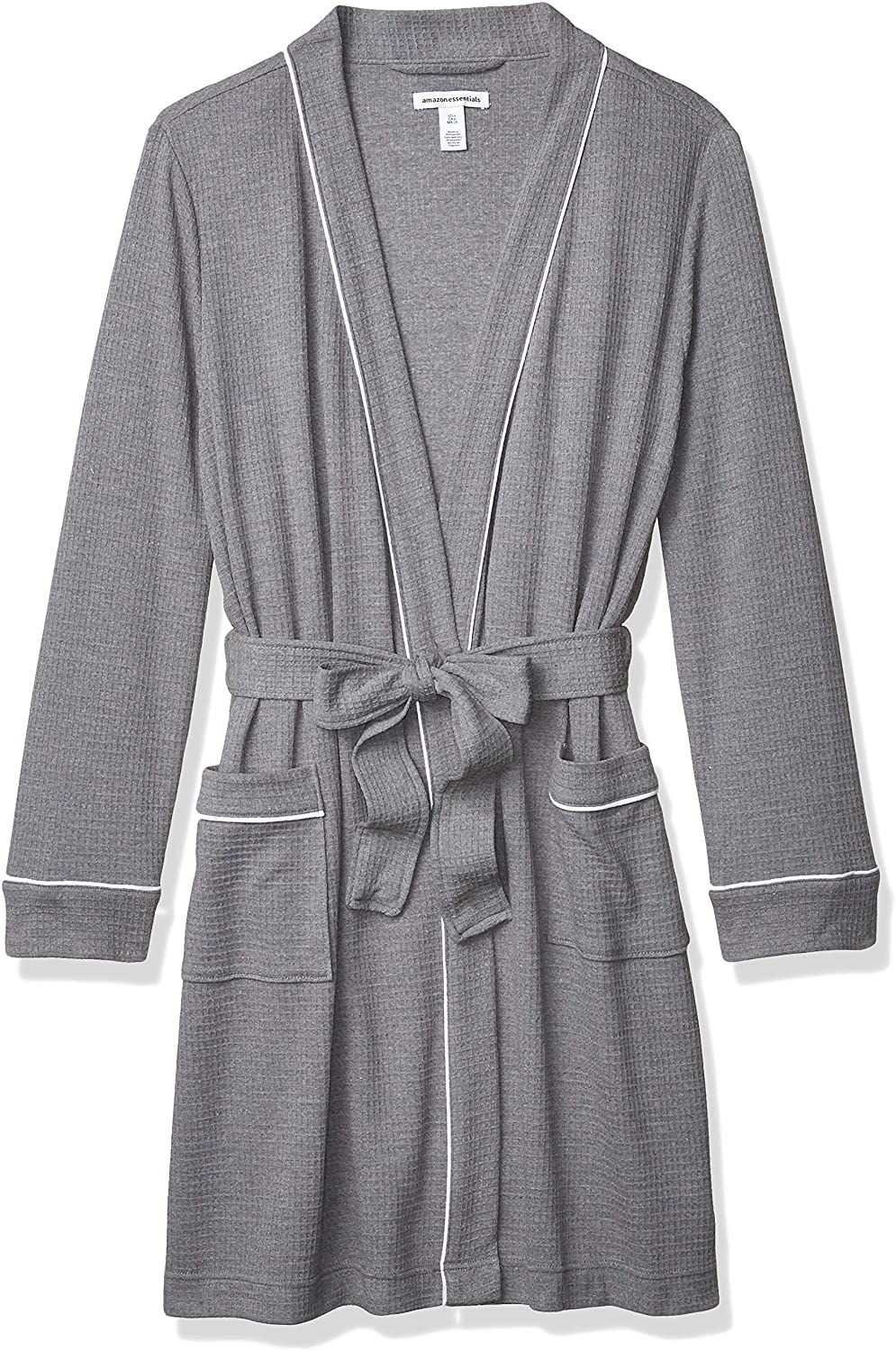 the robe in grey with white piping and tie belt 