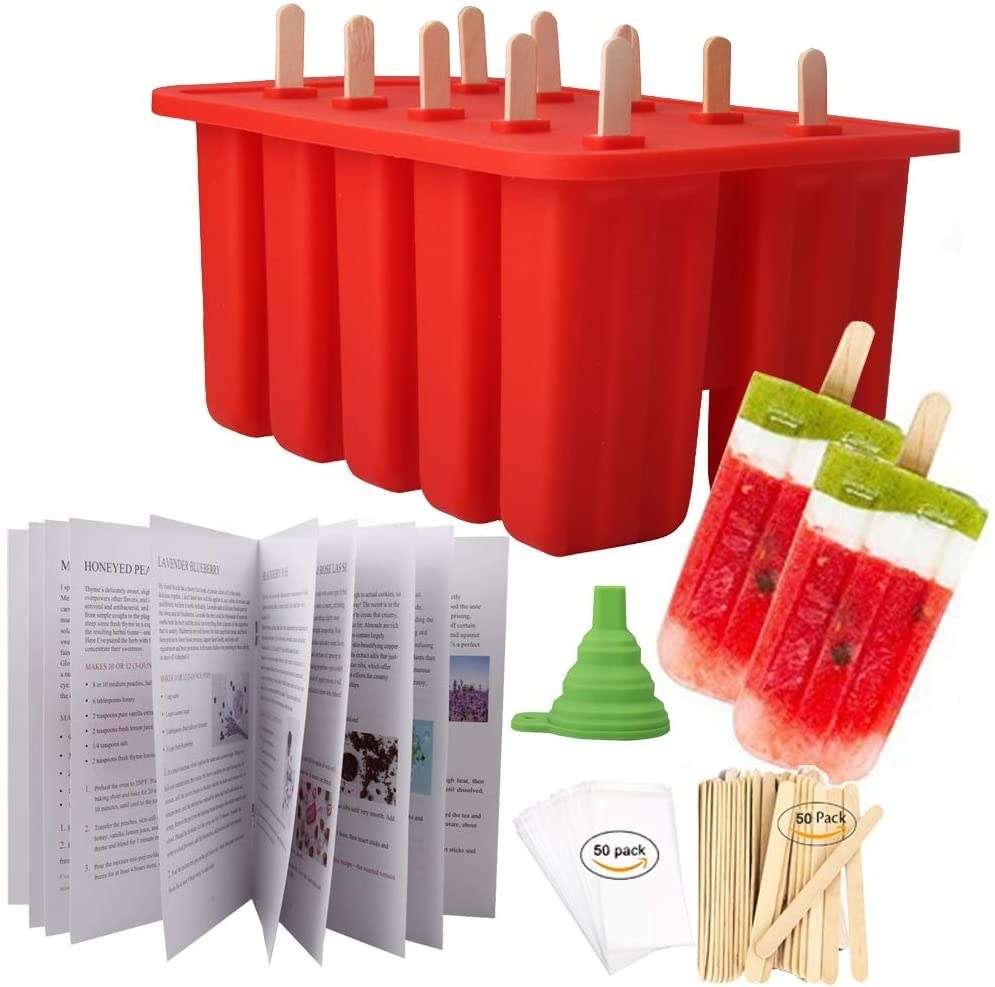 A popsicle mold with ten cavities along with the sticks, bags, funnel, and instruction manual