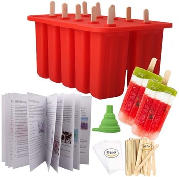 An ice pop mold with 10 cavities along with the sticks, bags, funnel, and instruction manual