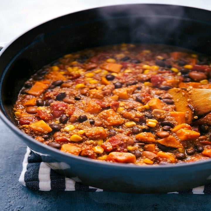 The final pot of chili loaded with black beans, tomato, corn, quinoa, and sweet potato.