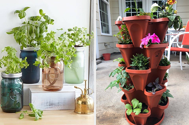 Side by side of mason jar herb garden and stacked planters