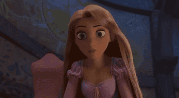 Rapunzel from Tangled looking quizzically at something