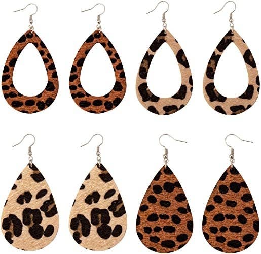 four pairs of faux-leather animal print earrings with two that are like loops and two that are like drops
