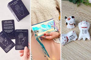 thumbnail of palm-reading cards, holographic fannypack, cat-shaped chopsticks holders