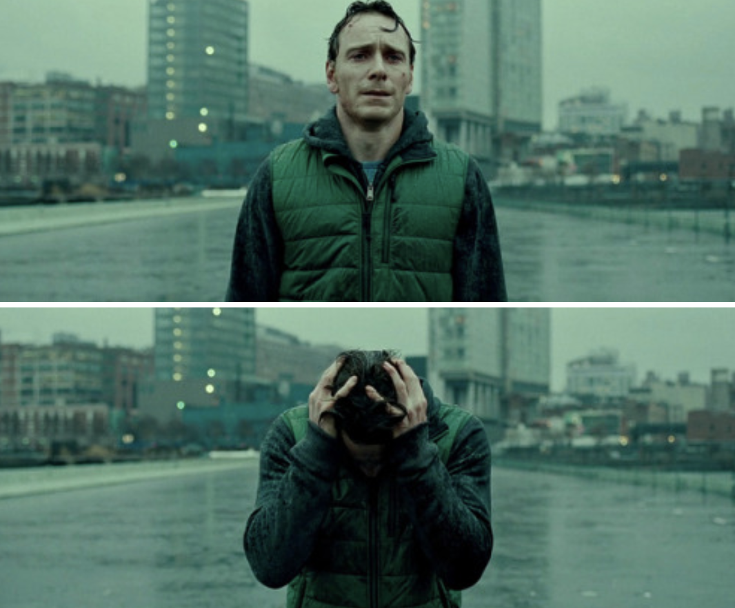 Fassbender&#x27;s character running in the rain and crying