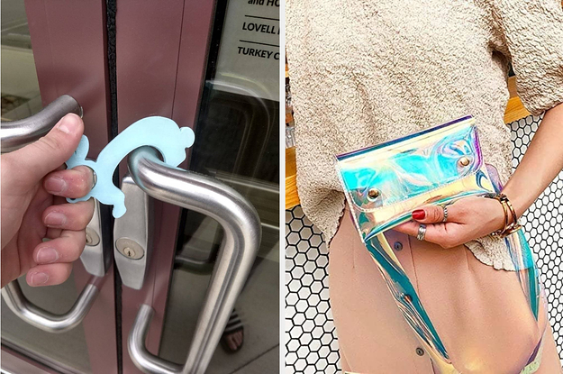 split thumbnail of rabbit-shaped keychain opening door, holographic fannypack