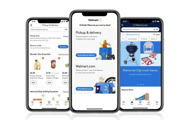 Three phones displaying Pickup &amp;amp; delivery services on the Walmart App