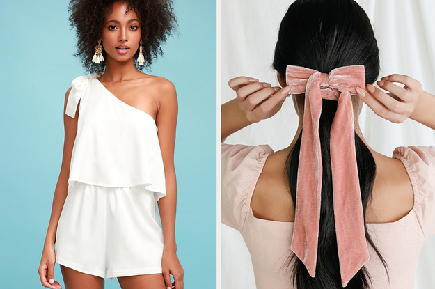 On the left, a model in a white, one-shoulder romper. On the right, a model with a velvet bow in their hair