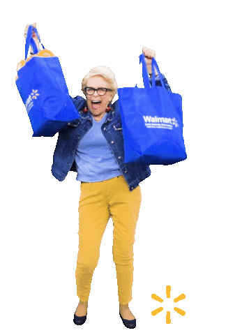 A Walmart customer holds two Walmart bags and dances in place