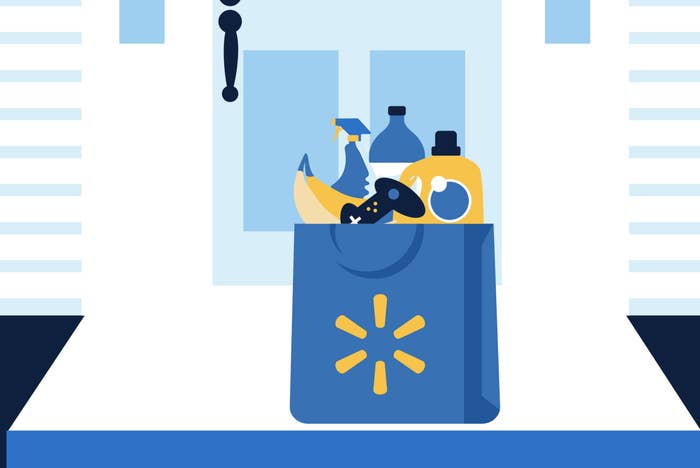 Illustration of a Walmart Express delivery bag filled with laundry detergent, a game controller, bananas, and more essential items on a doorstep