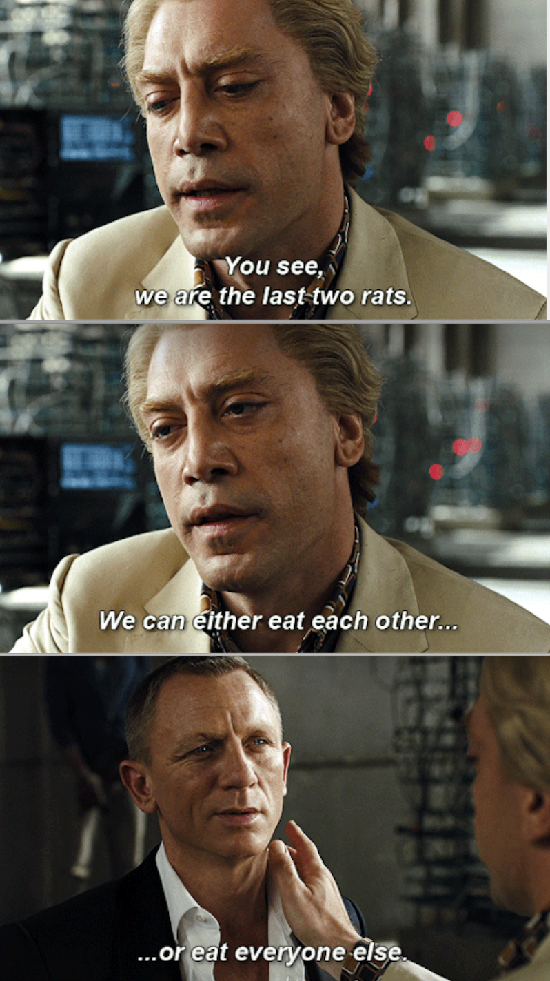 Bardem&#x27;s character talking to a tied-up James Bond