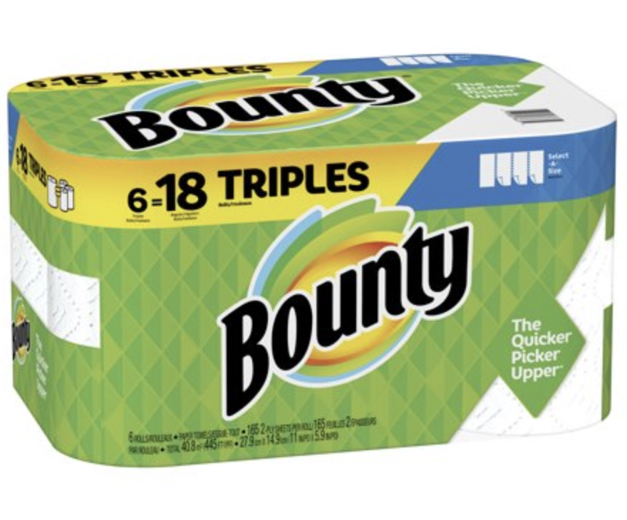 A package of  six triple Bounty paper towel rolls