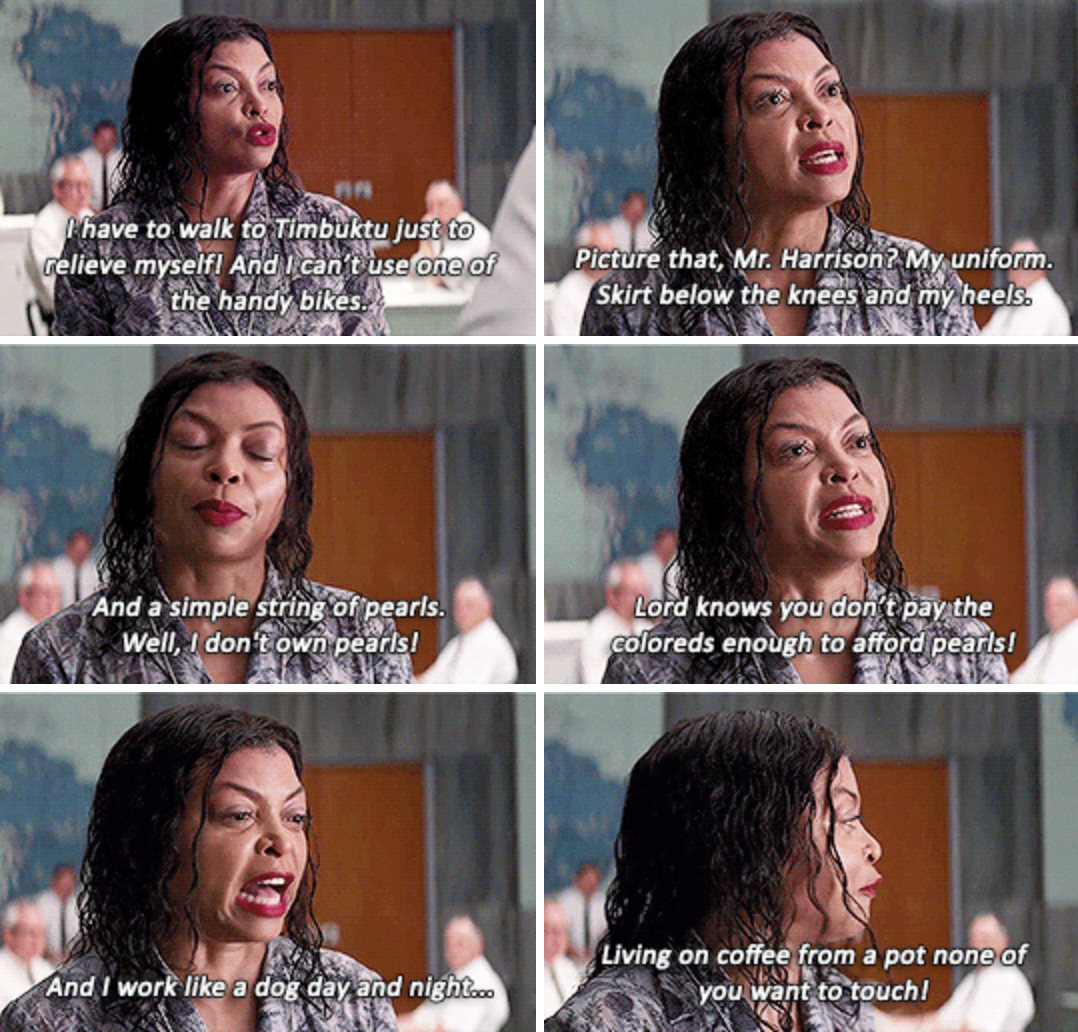 Taraji&#x27;s character, soaking wet, talking about inequalities in the work place