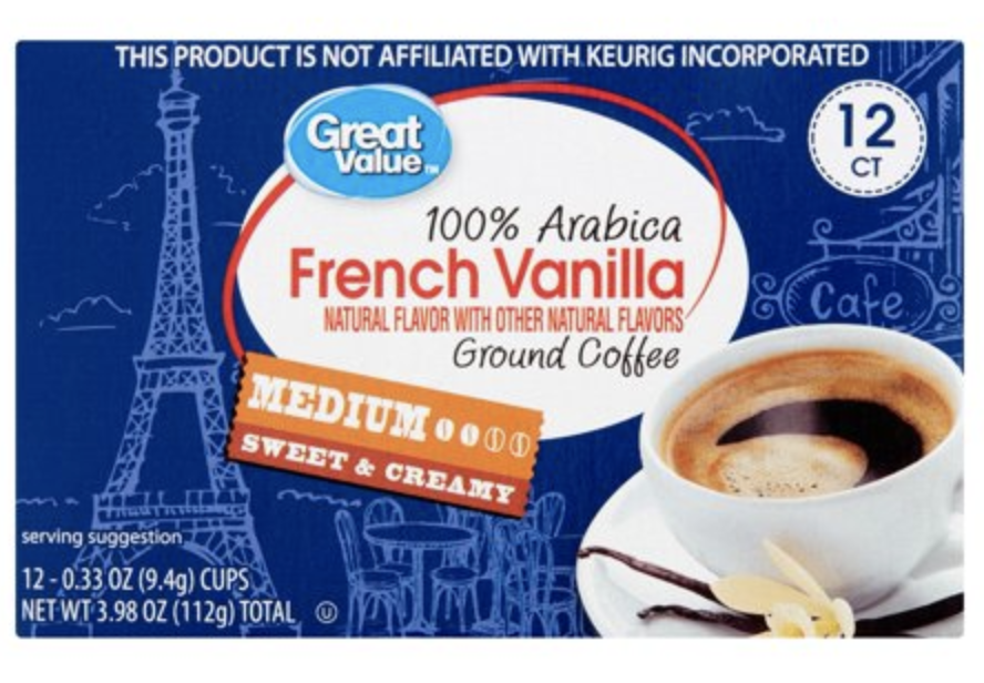 A pack of 12 Great Value vanilla coffee pods